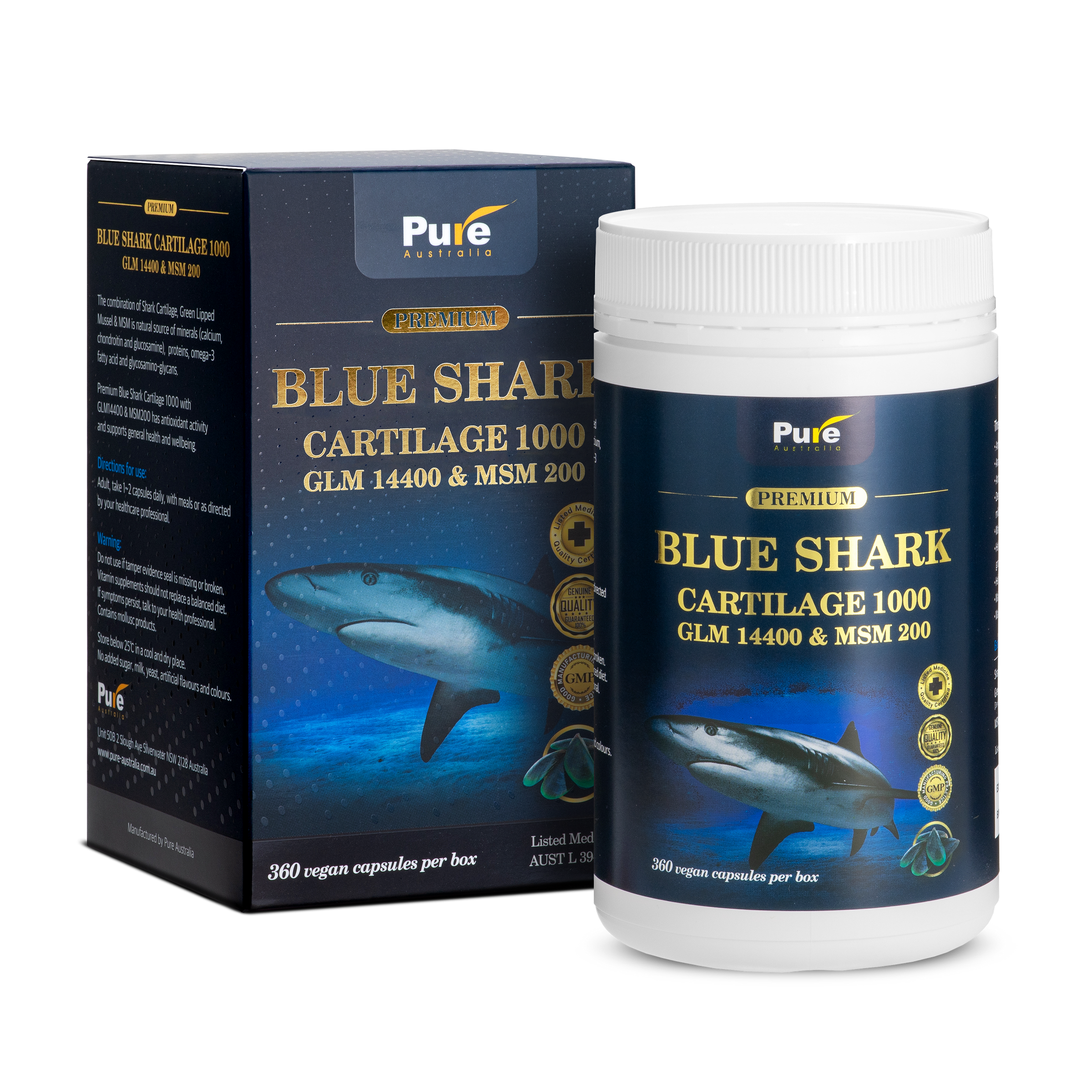 PURE AUSTRALIA - PREMIUM BLUE SHARK CARTILAGE 1000 GLM 14400 & MSM 200