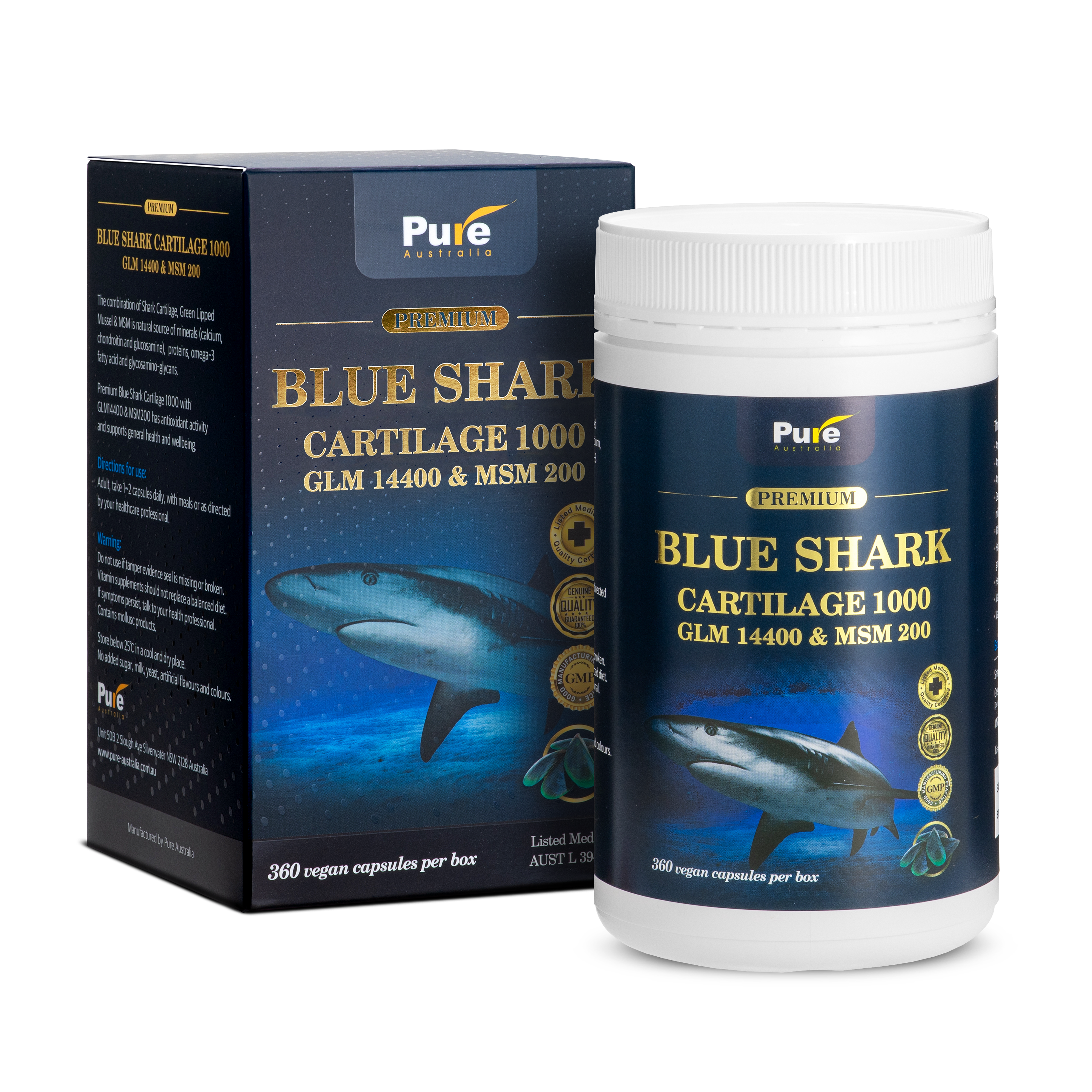 PURE AUSTRALIA - PREMIUM BLUE SHARK CARTILAGE 1000 GLM 14400 & MSM 200