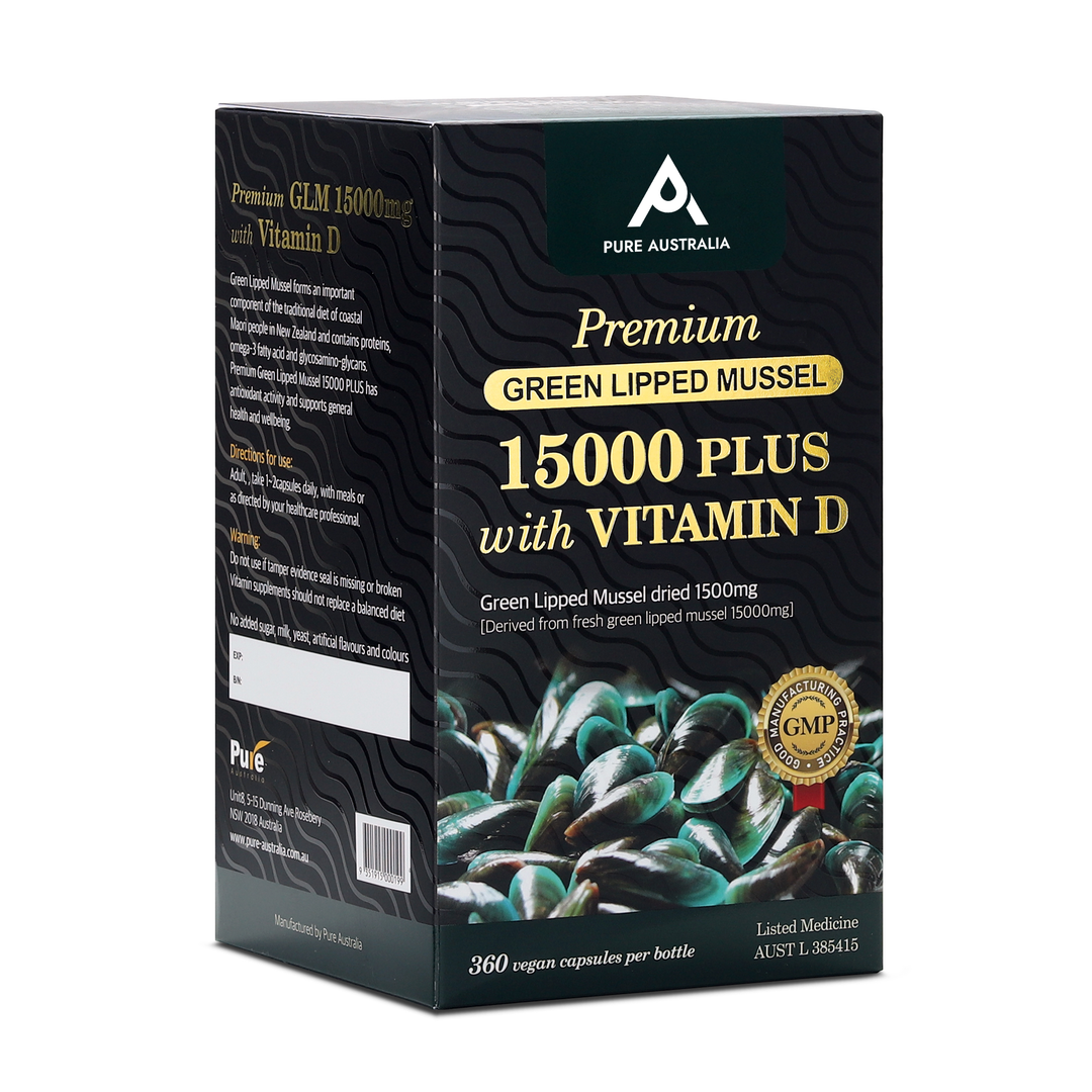 Pure Australia Premium Green Lipped Mussel 15000 Plus with Vitamin D 360 Capsules